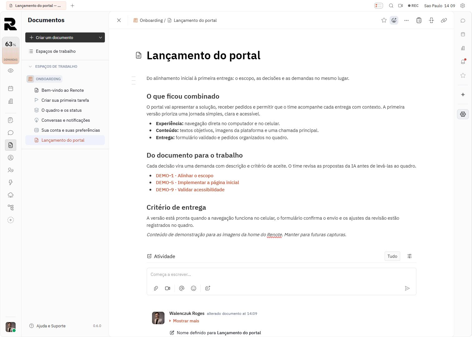 Documento do Renote aberto ao lado das tarefas